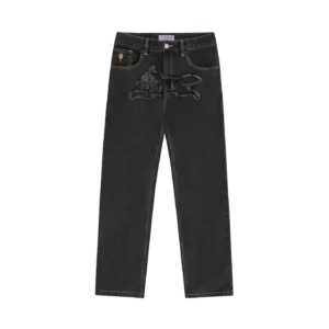APPLIQUE RUNNING DOG DOUBLE SCOOP DENIM PANTS BLACK