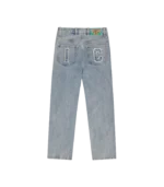 APPLIQUE RUNNING DOG DOUBLE SCOOP DENIM PANTS LIGHT WASH BLUE 1