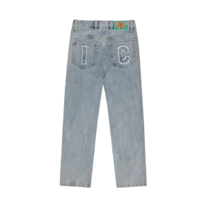 APPLIQUE RUNNING DOG DOUBLE SCOOP DENIM PANTS LIGHT WASH BLUE 1