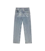 APPLIQUE RUNNING DOG DOUBLE SCOOP DENIM PANTS LIGHT WASH BLUE