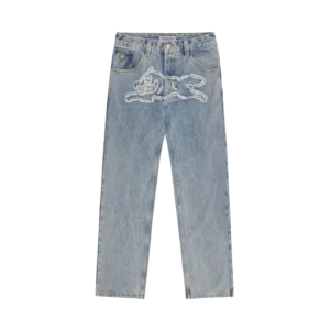 APPLIQUE RUNNING DOG DOUBLE SCOOP DENIM PANTS LIGHT WASH BLUE