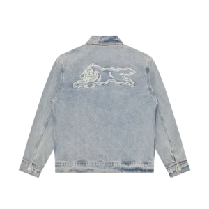 APPLIQUE RUNNING DOG ZIP DENIM JACKET LIGHT WASH BLUE 1