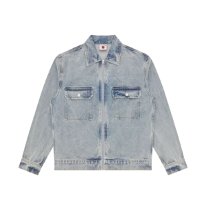 APPLIQUE RUNNING DOG ZIP DENIM JACKET LIGHT WASH BLUE