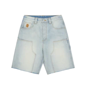 DISTRESSED ASTRO DENIM CARPENTER SHORTS LIGHT WASH BLUE
