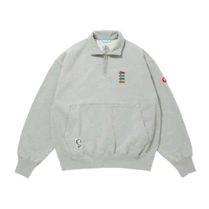 EMBROIDERED LOGO DAMAGED QUARTER ZIP SWEATSHIRT GREY