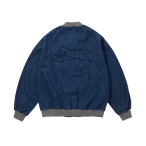 EMBROIDERED RUNNING DOG WASHED DENIM ZIP UP JACKET BLUE 1