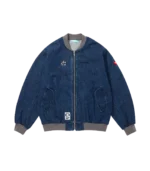 EMBROIDERED RUNNING DOG WASHED DENIM ZIP UP JACKET BLUE