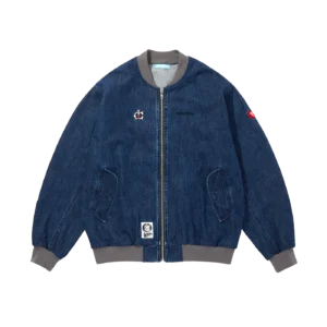 EMBROIDERED RUNNING DOG WASHED DENIM ZIP UP JACKET BLUE