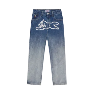FADE OUT RUNNING DOG DOUBLE SCOOP DENIM PANTS MID WASH BLUE