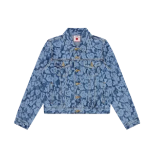 LASER CAMO DENIM TRUCKER JACKET MID WASH BLUE