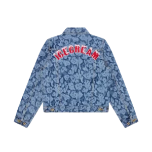 LASER CAMO DENIM TRUCKER JACKET MID WASH BLUE