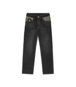 LEOPARD PRINT PANEL ASTRO DENIM PANTS BLACK