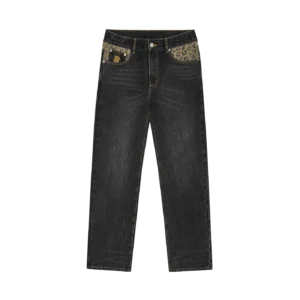 LEOPARD PRINT PANEL ASTRO DENIM PANTS BLACK