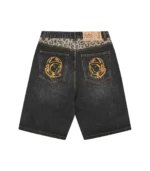 LEOPARD PRINT PANEL ASTRO DENIM SHORTS BLACK 1