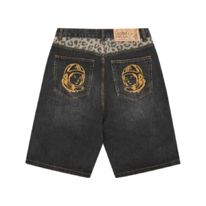 LEOPARD PRINT PANEL ASTRO DENIM SHORTS BLACK 1