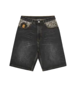 LEOPARD PRINT PANEL ASTRO DENIM SHORTS BLACK