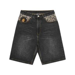 LEOPARD PRINT PANEL ASTRO DENIM SHORTS BLACK
