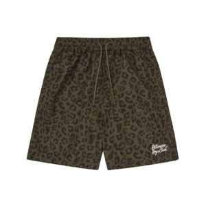 LEOPARD PRINT SCRIPT LOGO SWIM SHORTS OLIVE