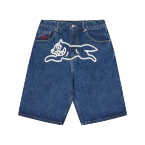 running dog triple scoop denim shorts mid wash blue