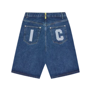 running dog triple scoop denim shorts mid wash blue